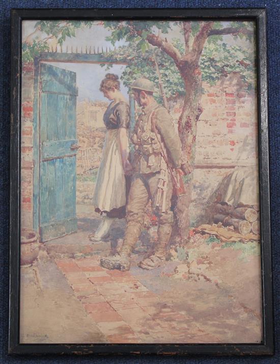 Fortunino Matania (1881-1963) British soldier and maid at a garden gate, 13.25 x 9.5in.